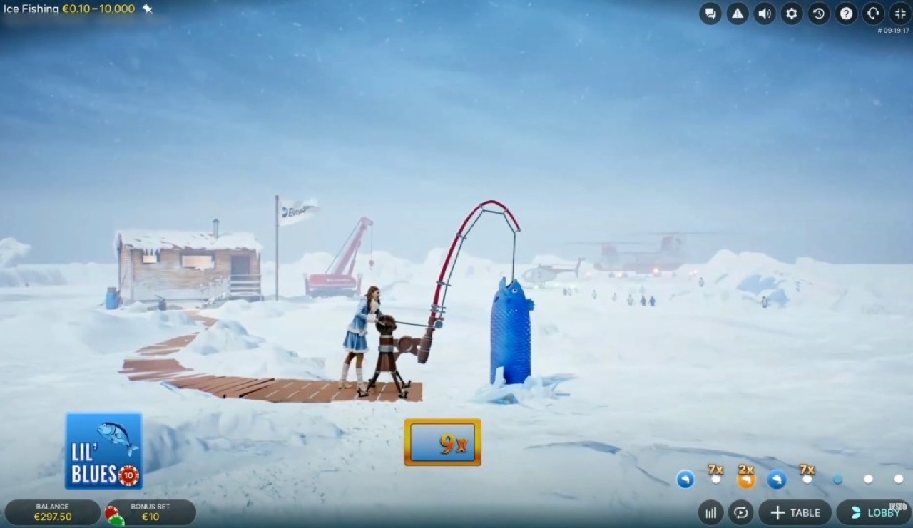 Ice Fishing live gameplay with Lil Blues bonus and multiplier on screen