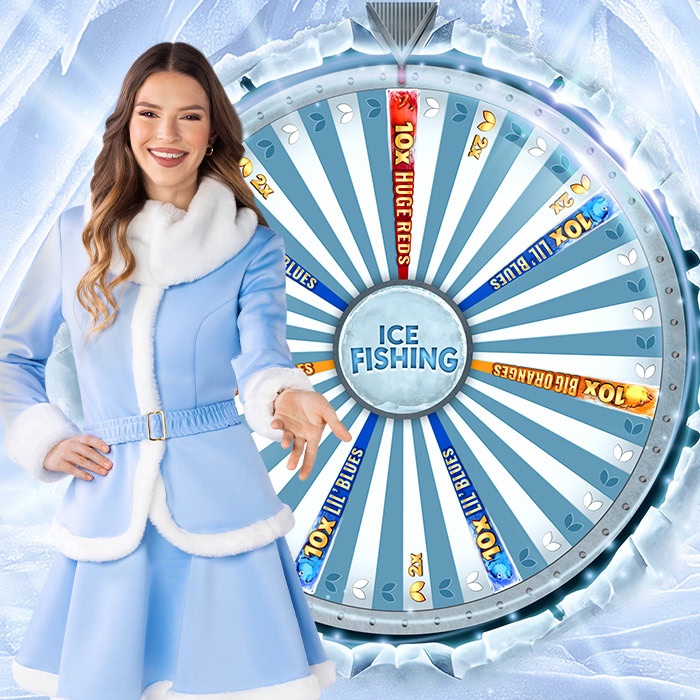 Ice Fishing live host beside prize wheel with bonus segments and multipliers